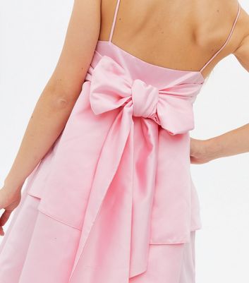 Pink Satin Bow Back Tiered Mini Dress ...